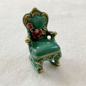 Vintage Miniature Rococo Rocking Chair Figurine Green & Gold 3.5”